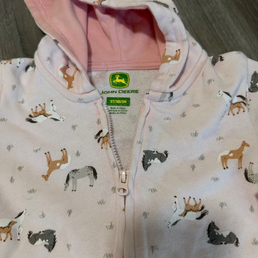 John Deere Girls Pink Horse Farm Print Zip Up Hoodie Sweatshirt Size 3T
